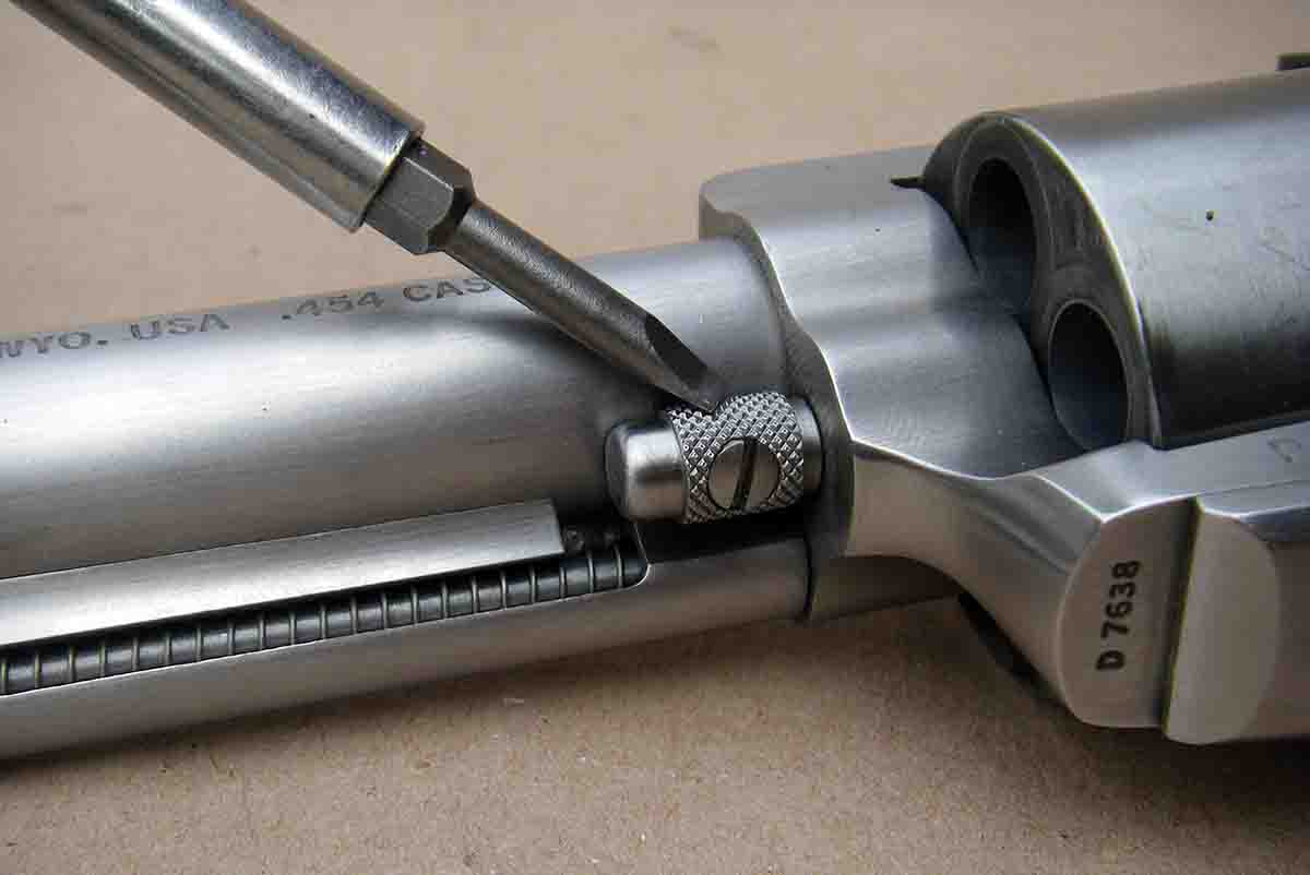 A setscrew mounted through the base pin extends into the barrel to secure it and prevent “jumping” when subjected to heavy recoil.